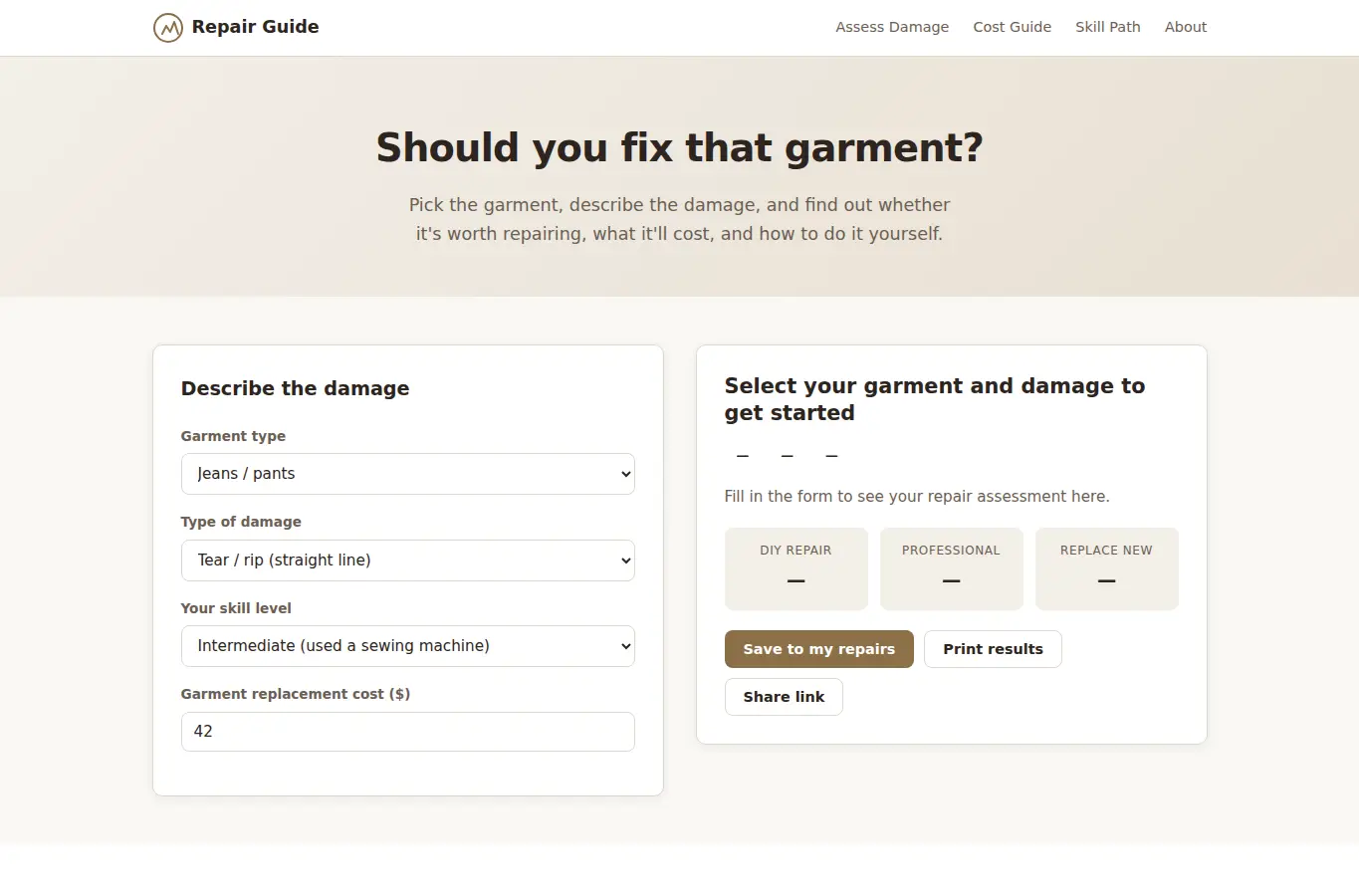 Screenshot of Clothing Repair Decision Guide interface showing the project page in use
